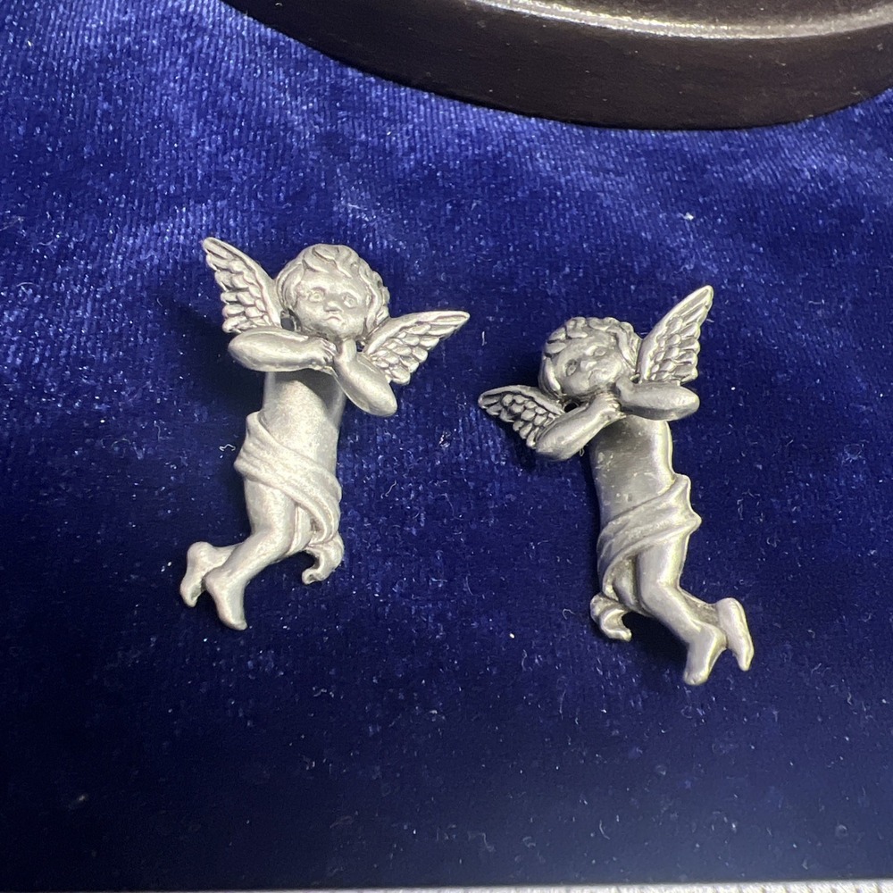 Signed JJ Jonette Vintage Earrings Angel Baby Cupid Pierced Post Silver Tone